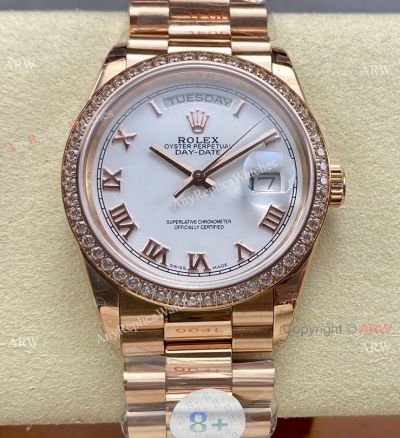 8+ Factory Rolex Gain weight 36mm DayDate Rose Gold Roman Replica Watch with Diamonds